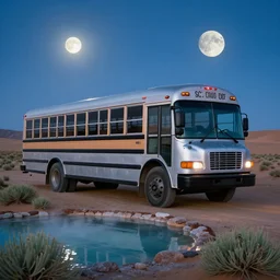 silver school bus in the desert parked by a hot spring, sage brush, moonlit, ultra detailed, 8 k, trending on artstation, award - winning art,