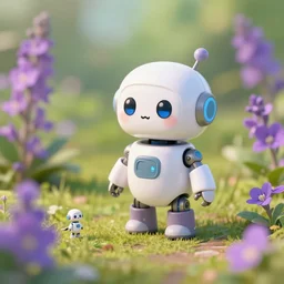 toy robot in a garden, hyper detailed, sharp focus, bokeh, unreal engine, ray tracing, cute, fantasy, sci fi, purple flowers, tiny, small, hyper realistic
