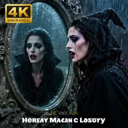 hyperrealistic portrait of a woman as a vampire witch tears sorrow makeup dramatic in a black coat reflection in a stone mirror while it's heavily raining. by jeremy mann and alphonse mucha, fantasy art, photo realistic, dynamic lighting, artstation, poster, volumetric lighting, very detailed faces, 4 k, award winning