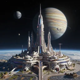 a futuristic retro futurism solarpunk space city on a moon orbiting a gas giant by robert mccall and john berkey | ralph mcquarrie :. 5 | unreal engine :. 3