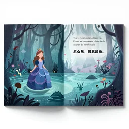 1 2 page of the picture book the princess in dark demoniac evil swamp, large and impressive title logo. by satoshi kon, ilya repin, lena aenami, shinji kimura