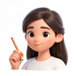 digital art of portrait of a woman, holding pencil, inspired, head - and - shoulders shot, white background, cute pixar character