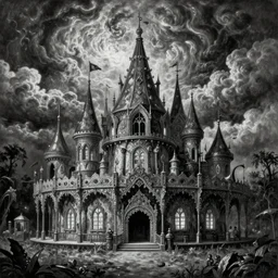 ultra realist soft painting of a curiosities carnival by night, horror, omnious sky, symmetry accurate features, very intricate details, black and white, volumetric light clouds