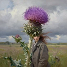 portrait, an enormous thistle flower head, girl wearing a coat in field, surreal photography, wind, cloudy sky, dramatic light, impressionist painting, digital painting, artstation, simon stalenhag