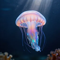 award winning underwater photo of a Cyanea Capillata made of pure energy, bokeh, god's rays