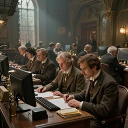 people from 7 0 th century working in office, hyper realistic, artstation, unreal engine, fantasy