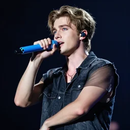 a handsome young man with sandy brown hair and blue eyes singing into a neon blue microphone headset posing on stage. dynamic pose. line of action. concert. cinematic lighting. medium shot photorealistic. hyper realism. ray tracing hdr. intricate detailed masterpiece. by bouguereau and shigenori soejima. lifelike.
