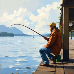 ryan reynolds fishing from a pier in vancouver, painted by cezanne