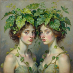 a painting of two women with plants on their heads, a detailed matte painting by brad kunkle, featured on cgsociety, figurative art, made of vines, detailed painting, behance hd, midjourneyhd, impressionism