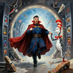 the third first image on the scattered absurdity server, dr strange and dr seuss, very pretty, photorealistic, portal hopping and time warping with reckless abandon, highly detailed painting by gaston bussiere, craig mullins, j. c. leyendecker
