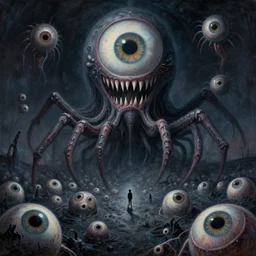 otherworldly massive cthulu god rising over a grim obsidian landscape made of eye balls, painting by donato giancola, john berkey, edvard munch, dore, thomas moran, jackson pollock, hp lovecraft, paranoid vibe, terror giant infinite eyes horror shark teeth spider eyes tentacle insect legs feeling of madness and insanity