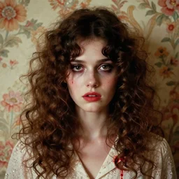 a beautiful but sinister girl in layers of fear, with haunted eyes and curly hair, 1 9 7 0 s, seventies, floral wallpaper, delicate embellishments, a little blood, crimson, painterly, offset printing technique, by coby whitmore
