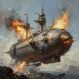 a brutalist painting of a large steampunk airship getting shot down in the sky, by charlie bowater, 4 k