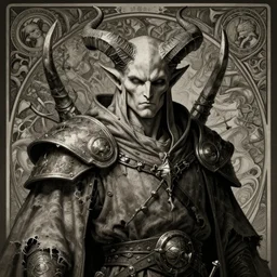 cultist of chaos with horns. calm face. dressed in a ripped mantle, robe. warhammer style, character concept art, sharp detailed face, extremely high details, artstation contest winner, masterpiece, art by philippe druillet, jean giraud, alphonse mucha, gustave dore, kim jung gi