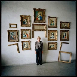 kodak portra 4 0 0, 8 k, aerial view, wide flashlight shot of a highly detailed, britt marling style, colour still - life portrait of a large minimalistic room, rough concrete walls, full of square baroque picture frames and square picasso paintings in baroque picture frames,