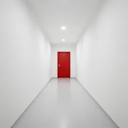 a very long featureless white hallway with a single red door at the end, liminal space,