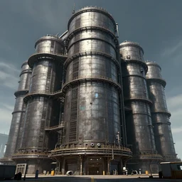 3 d sculpt of a thick cylindrical industrial multi story sprawling with walkways military scifi giant warehouse facade gun metal airport inspired by the matrix, star wars, ilm, beeple, star citizen halo, mass effect, starship troopers, elysium, the expanse, high tech industrial, artstation unreal