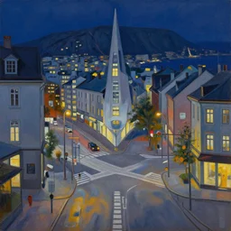 midnight intersection, empty norwegian street by zaha hadid, intricate, highly detailed, 8 k. palette knife oil painting on canvas by leonid afremov.