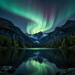 a lake surrounded by dramatic mountains at night with the northern lights overhead, trees, completely still mirror water reflecting the sky