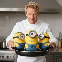 Minions on a pan held by gordon ramsey, photorealistic