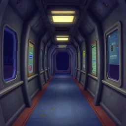a wide hallway inside a spaceship, from a lucasarts point and click 2 d graphic adventure game, art inspired by thomas kinkade
