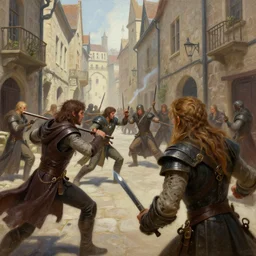an exciting fantasy street battle within a fascinating old city, narrow streets, old buildings, by Sebastian Luca, cinematic, simple but effective composition, clean lines, beautiful digital painting, oil painting, great character design, dungeons and dragons, lord of the rings,  close up character, fantasy races