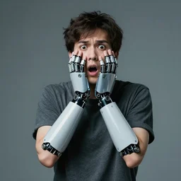 a young man with robot arms frightened for humanity