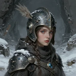 an unusual young female humanoid with a large head wearing a helmet, in a snowy desolte cave, digital illustration, very detailed, art by greg rutkowski, artgerm, artstation, post - communist era, fantasy art, high quality, intricate, elegant