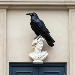 raven sitting on a bust of pallas above a door, art by james o barr and albrecht durer and gustave dore, woodblock print, engraved, black and white, vector, vector art