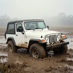 noisy old color photograph of a 1997 hardtop white Jeep Wrangler drowning in quicksand, iridescent fog swallows the dirty swamp, gritty, Venom liquid grabs at the Jeep, cinematic, soft vintage glow