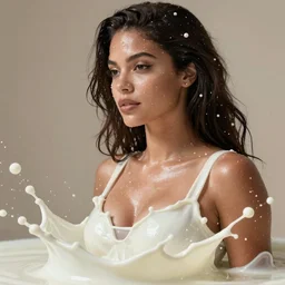 victoria justice wearing a risque outfit made from splashes of milk, half body portrait, greg kutkowski, sharp details, soft lighting, subsurface scattering, pearls of sweat, glistening skin, warm lighting