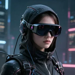 beautiful cyberpunk assassin with night vision goggles, portrait shot, wires, cyberpunk, dramatic light, cyberpunk city in the background, movie illustration, poster art by Drew Struzan