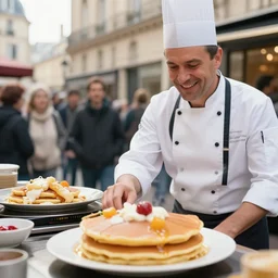 closeup portrait of dutch chefs impressing the French people with superior pancakes in a street in Paris, by Steve McCurry and David Lazar, natural light, detailed face, CANON Eos C300, ƒ1.8, 35mm, 8K, medium-format print