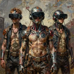 junky men with cybertronic gadgets and vr helmet, durty colours, rotten textures, rusty shapes, biotechnology, tim hildebrandt, wayne barlowe, bruce pennington, donato giancola, larry elmore, oil on canvas, masterpiece, trending on artstation, featured on pixiv, cinematic composition, hyper - detailed, hd, hdr, 4 k, 8 k
