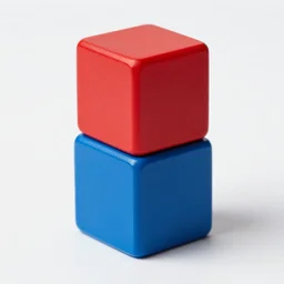 red cube on top of blue cube, accurately matches the description, physically correct, logically correct, realistic, don't you dare lie to me