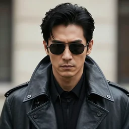 a face of a man with small sunglasses, black hair and a leather trenchcoat