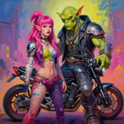 a scifi post apocalyptic orc biker posing with his girlfriend, psychedelic vibrant colors, futuristic punk rock fashion, oil painting by michael whelan art, sharp focus, realistic, highly detailed, 8 k