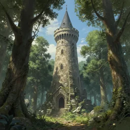 an archaic tower looming over a grove of ancient trees, in the style of ayami kojima, realistic digital painting, medieval fantasy, very detailed