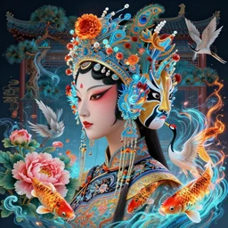 3 d chinese goddess close up profile portrait, beautiful intricately detailed chinese peking opera mask and clasical chinese cheongsam, chinese architecture, peony, crane, koi fish, peacock, pine tree, bio luminescent, plasma, fire, water, wind, creature, artwork by tooth wu and wlop and beeple and greg rutkowski