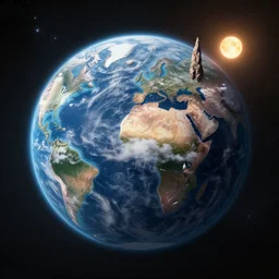 planet sized floating rock in space with oceans and land, mountains, clouds, pointed rock, space, stars, sun