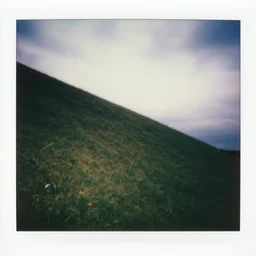 polaroid photo of a empty steep grass hill with no trees, flash photography, strange unnatural lighting, flash photography, uncanny sky, fisheye lens