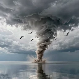 a tornado!! made of seagulls, windy, cloudy, realistic reflections, cinematic lighting, 8k, tornado