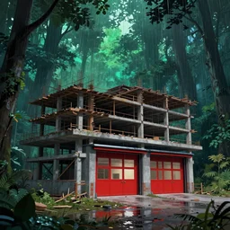 a beautiful photorealistic illustration of unfinished building nature fire station city by ludwig mies van der rohe, azeroth forest neon noir rainforest cgsociety, archdaily, wallpaper, highly detailed, trending on artstation.
