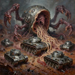 oil painting nightmare macerated future mollusk run army tanks metal noodle terrorizing army clawed chaos landscape fecund afraid of demon barbed footprints treads hooped around destroyed rust landscape in primoridal slimes dropping into intricate necrotized skins, cinematic, fine art, ornate masterpiece, by vincent di fate