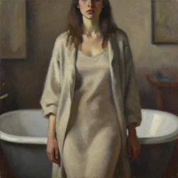 detailed portrait in comfortable femininity, ethnic, statuesque, casual wear, cozy study bathed in morning light, chiaroscuro, radiosity, angular impressionism, contrasting highlights, calm neutral color scheme, modern fashion, contemporary art, deep rich hues, oil on canvas