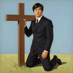 hsiao - ron cheng, beautiful graphic full body portrait, a man kneeling at a cross, 1 9 7 0 s illustrated advertising art, painterly character design by petros afshar, quint buchholz, cuno amiet, will barnet,