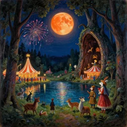 a night carnival around a magical tree cavity, with a surreal orange moonlight and fireworks in the background, next to a lake with iridiscent water, christmas lights, folklore animals and people disguised as fantastic creatures in a magical forest by summer night, masterpiece painted by joseph von fuhrich, dark night environment