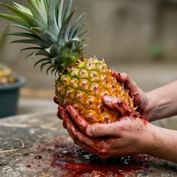 pineapple who is eating human which is trapped in his hands, bloody, full of details