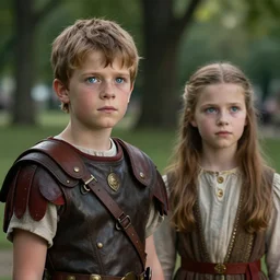 sharp, highly detailed, film from a 2 0 1 9 sci fi 8 k movie, time travelers appear in a park, a boy from the roman empire and a girl from 1 8 8 0, each wearing correct era clothes, atmospheric lighting, in focus, reflective eyes, 3 5 mm macro lens, nice composition