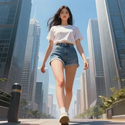 beautiful giant girl walking among skyscrapers, highly detailed, digital painting, artstation, sharp focus, illustration, art by tan zi